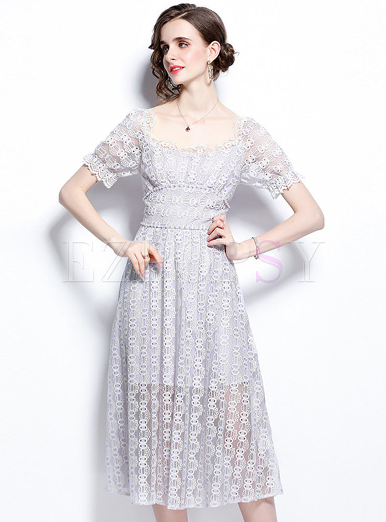 Square Neck Cinched Waist Openwork Lace Dress