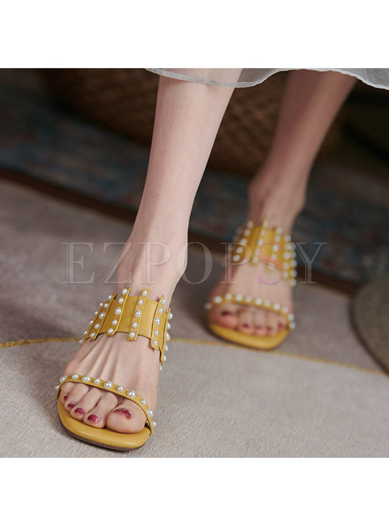 Square Toe Pearl Embellished Heeled Slippers