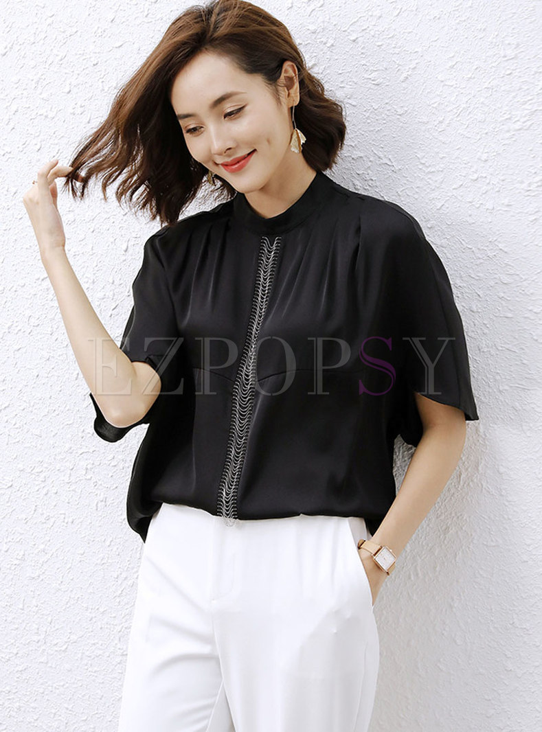 Black Mock Neck Pullover Chain Loose Blouse