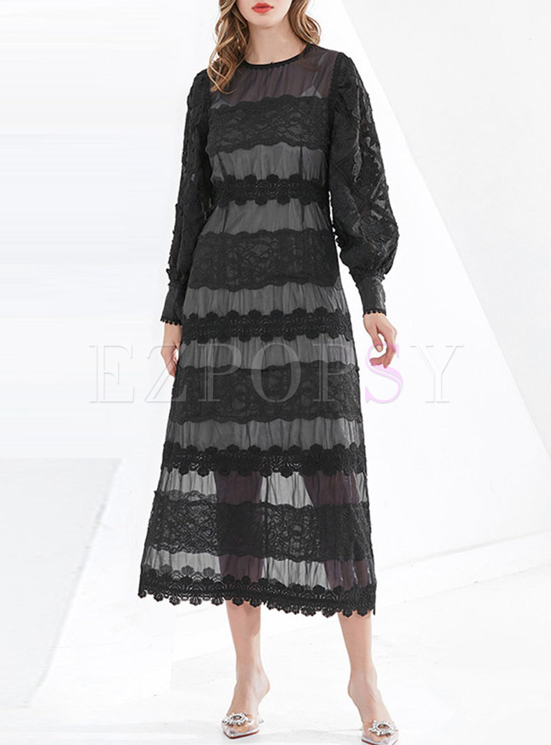 Long Sleeve Transparent Lace Maxi Dress With Cami