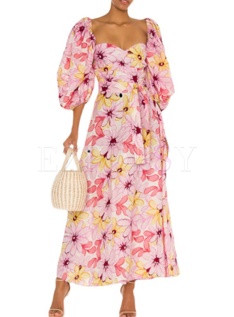 Pink Print Square Neck 3/4 Sleeve Maxi Dress