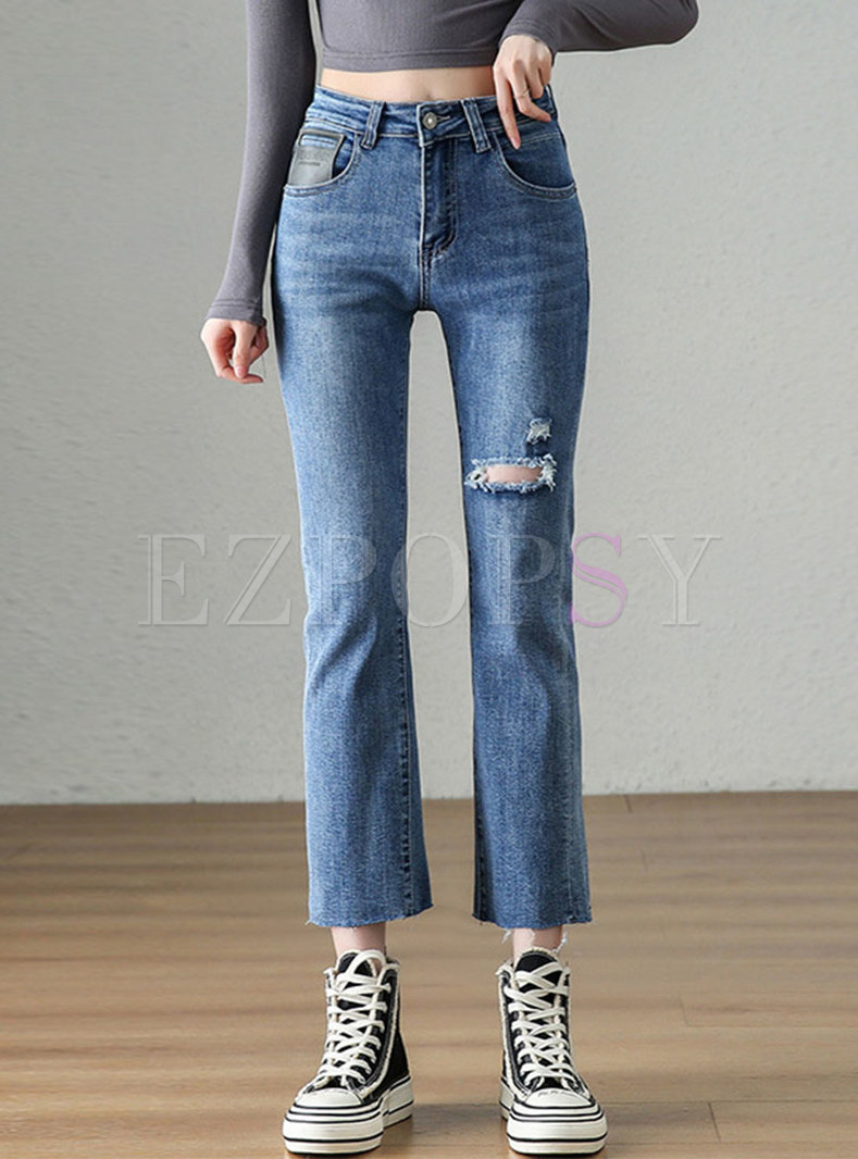 Casual High Waisted Straight Ripped Jeans