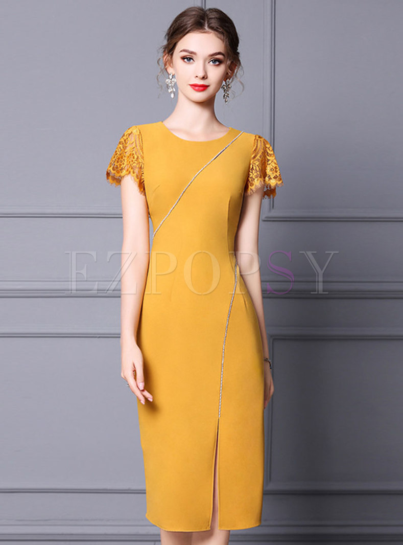 Yellow Lace Patchwork Sequin Bodycon Dress