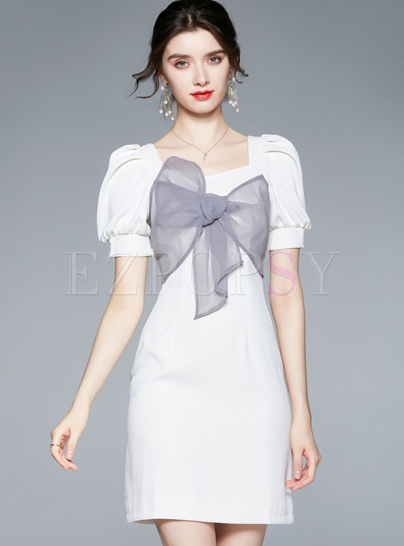 White Square Neck Bowknot Cute Sheath Dress