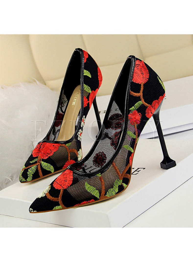 Pointed Toe Mesh Embroidered Stiletto Heels