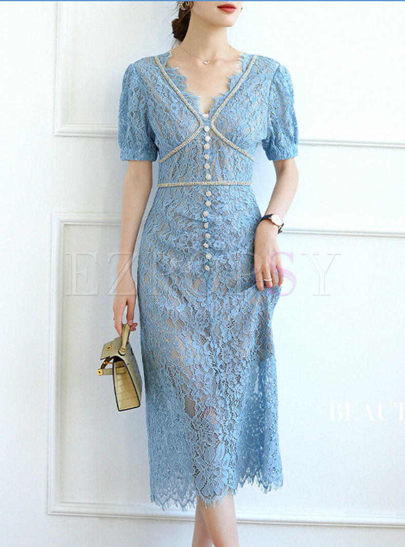Blue V-neck Lace Openwork Sheath Midi Dress