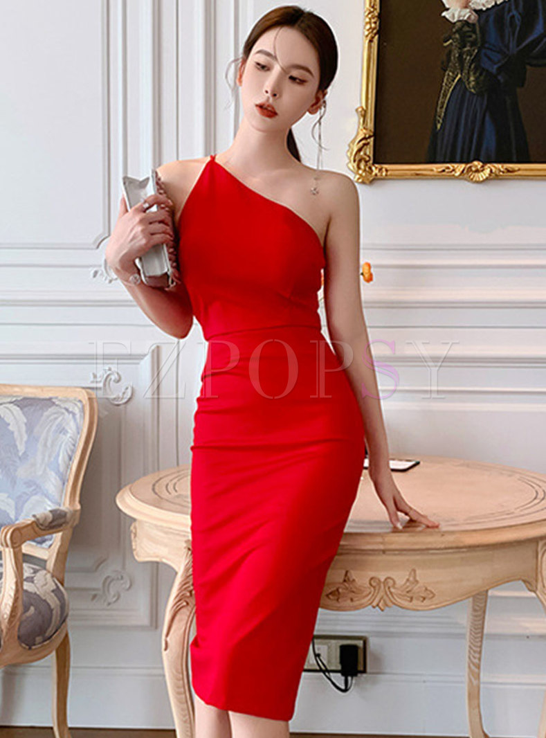 Red One Shoulder Sleeveless Cocktail Dress