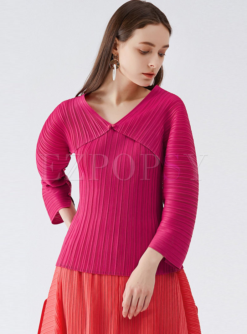 Rose V-neck Long Sleeve Pullover Pleated Blouse