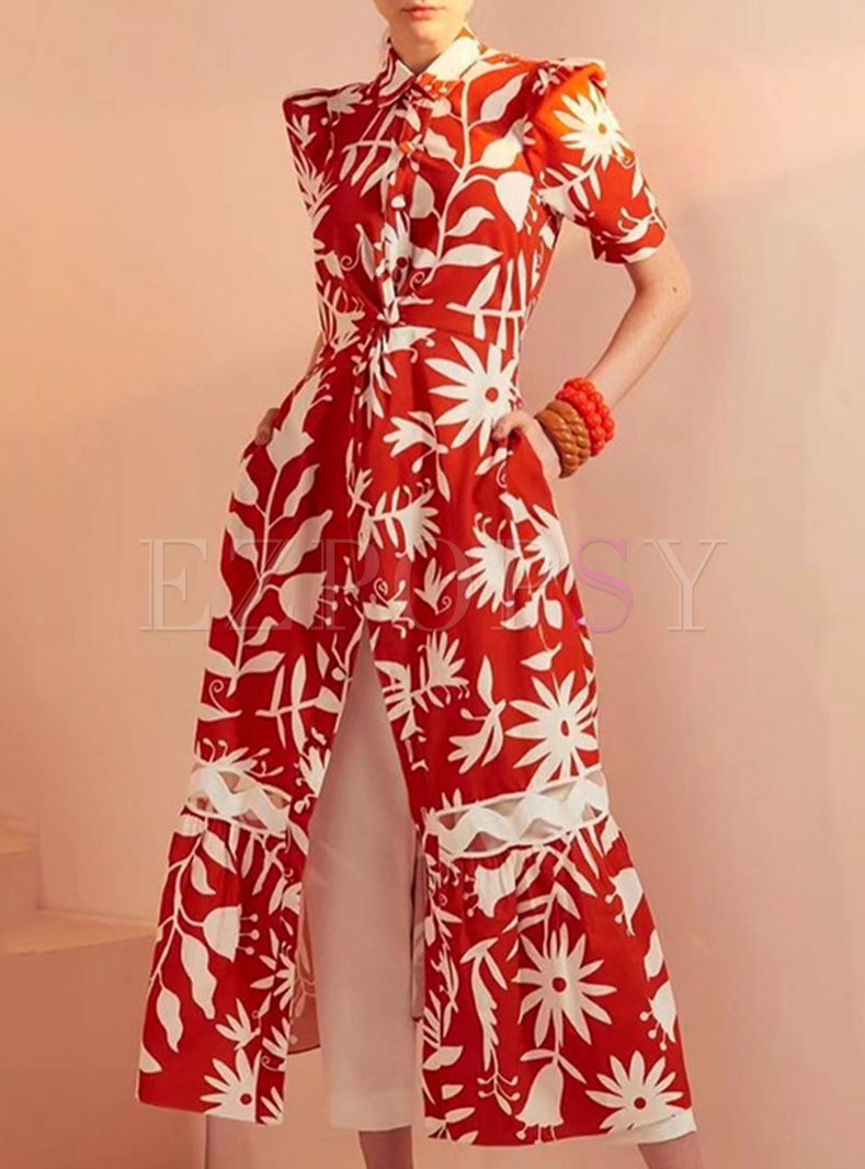 Red Print Half Sleeve Single-breasted Maxi Dress