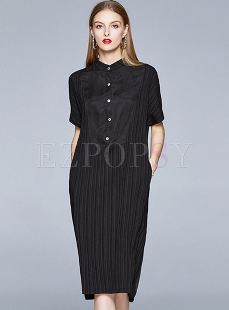 Brief Black Batwing Sleeve Pleated Shift Dress