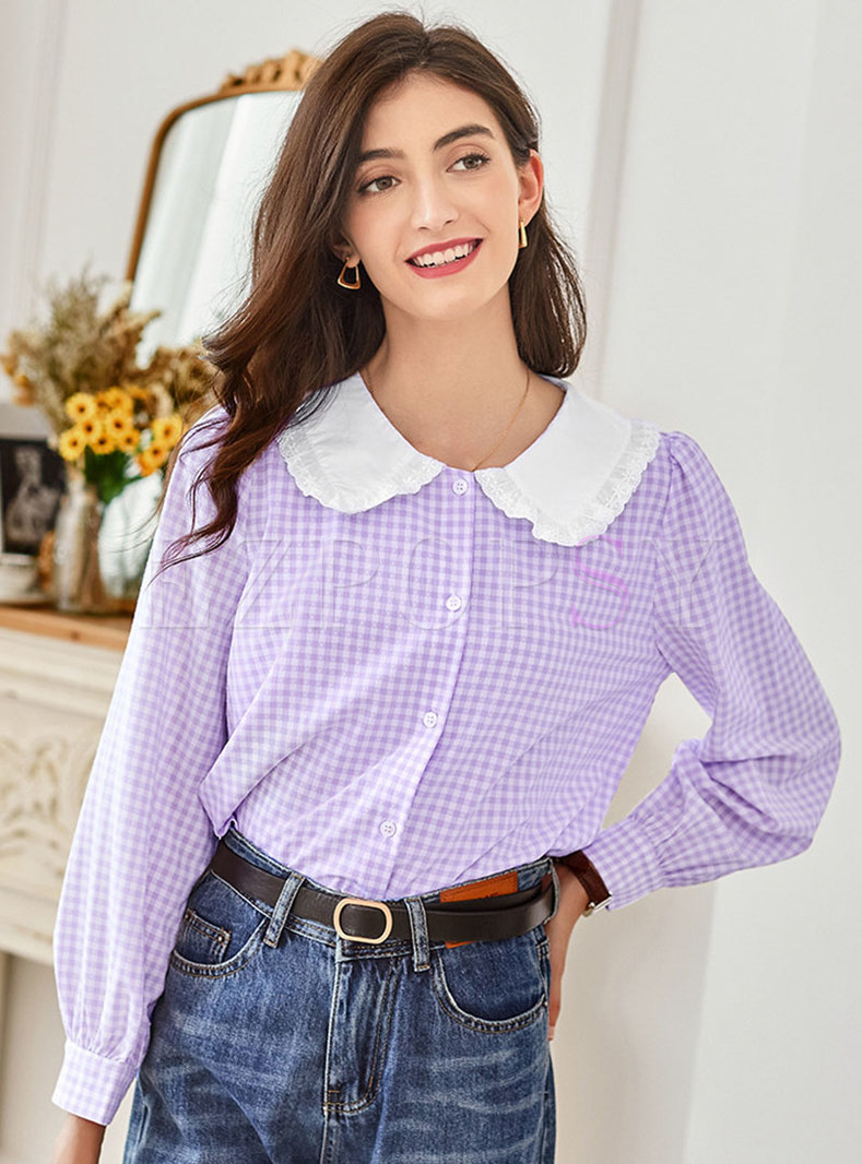 Light Purple Plaid Long Sleeve Cute Shirt