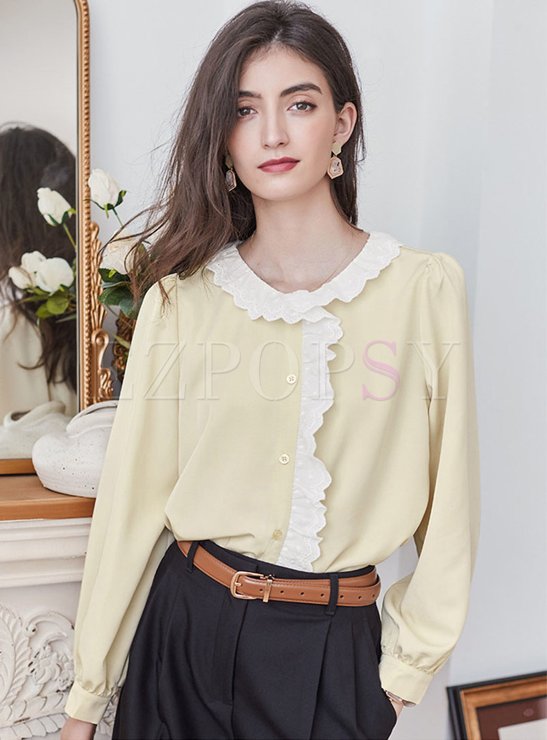 Color-blocked Patchwork Ruffle Single-breasted Blouse