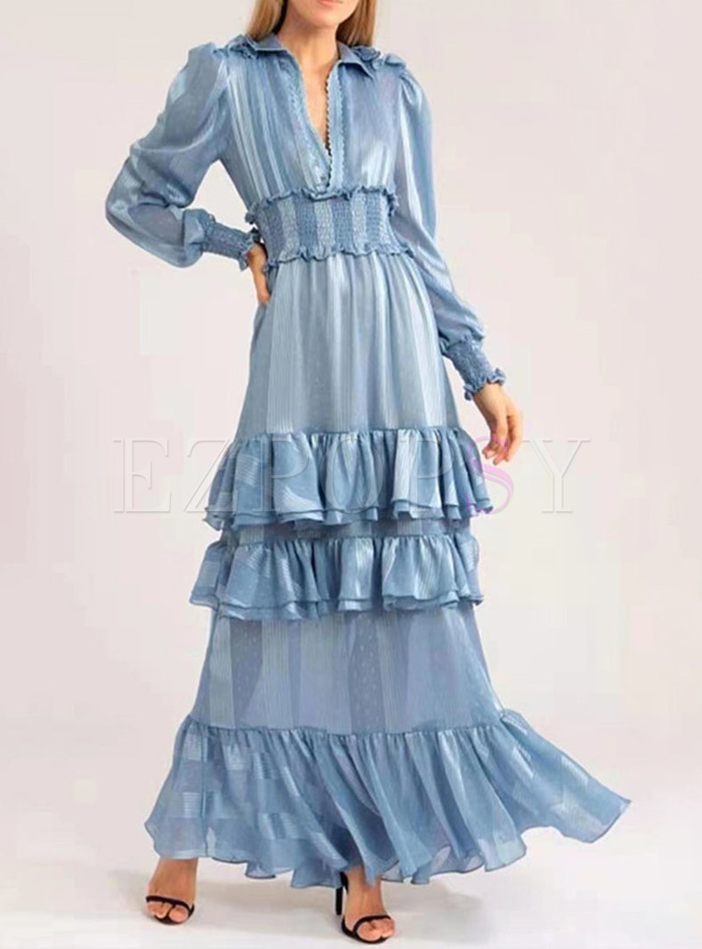 Blue Long Sleeve Glossy Layer Maxi Dress