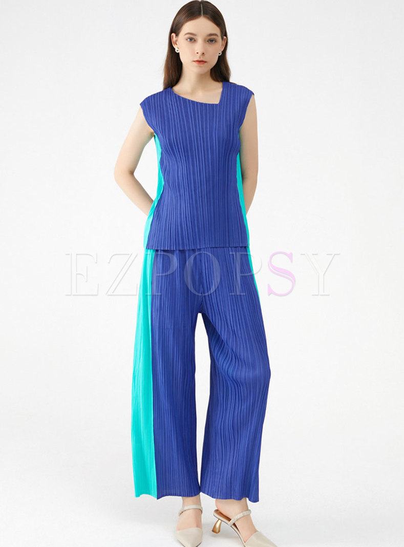 Color-blocked V-neck Sleeveless Pleated Pant Suits