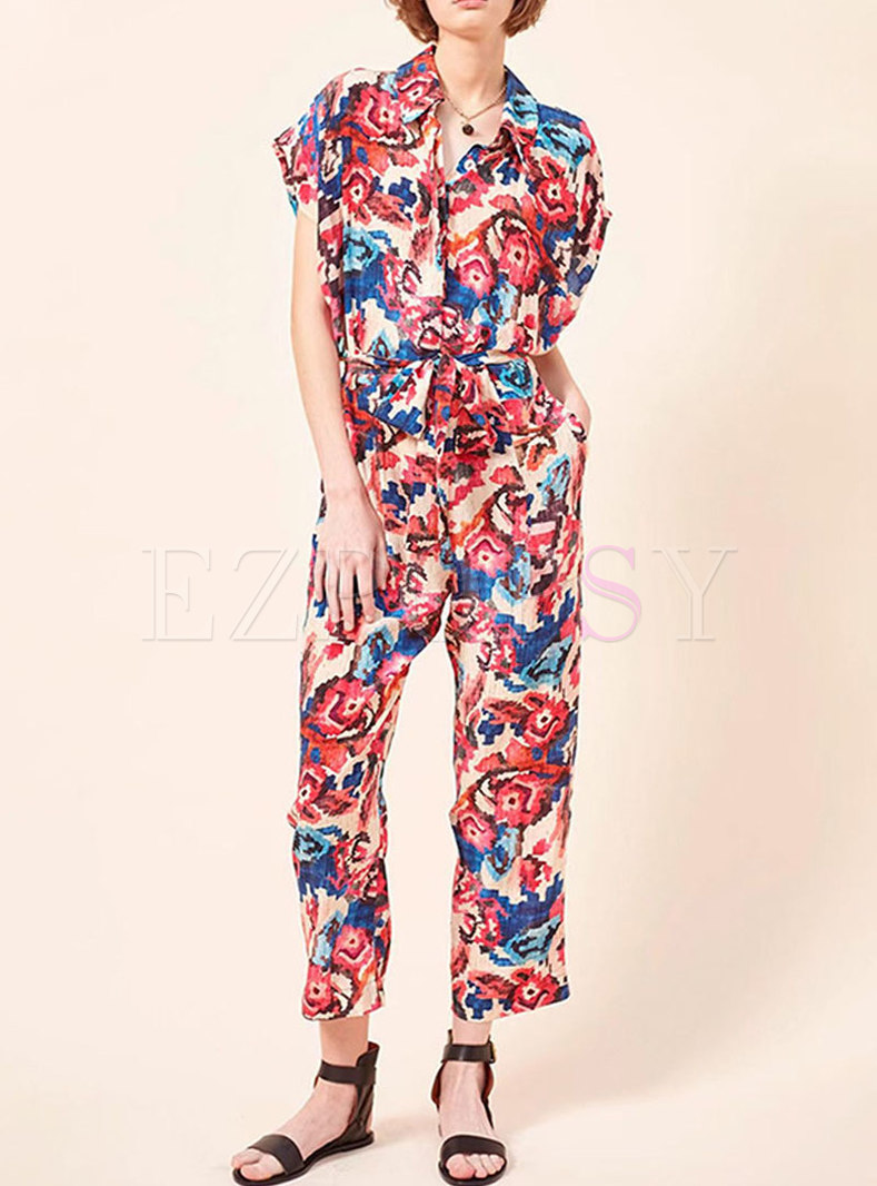 Casual Lapel Batwing Sleeve Print High Waisted Jumpsuis