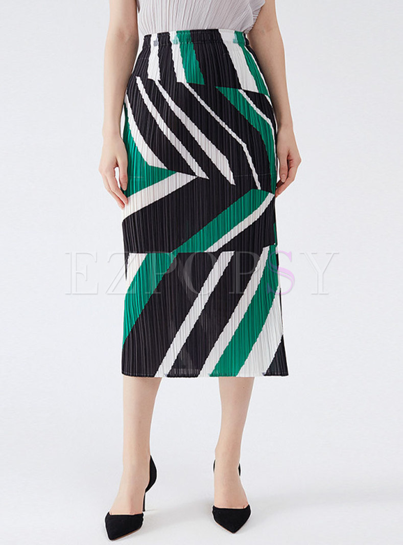 Casual Geometric Print Sheath Pleated Skirt