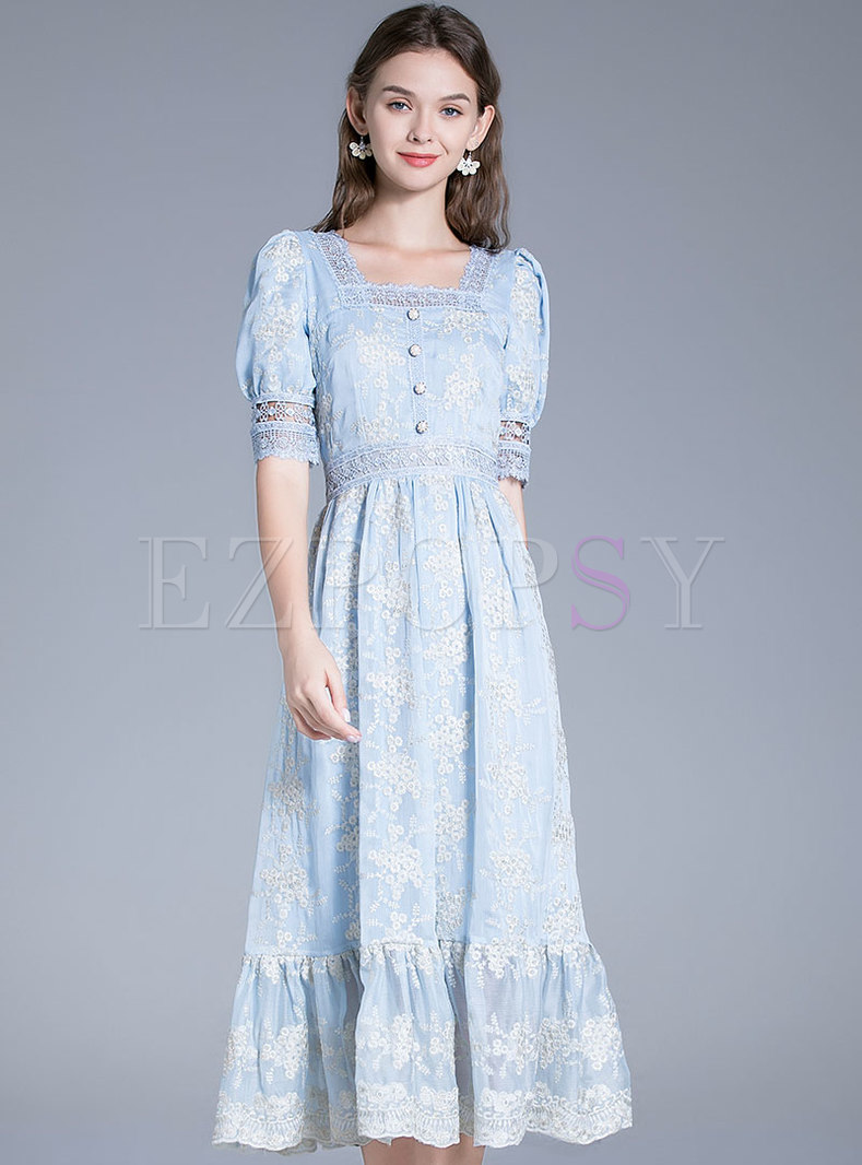 Square Neck Embroidered Lace Patchwork Maxi Dress