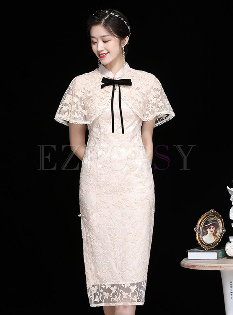 Champagne Cape Sleeve Embroidered Lace Cheongsam Dress
