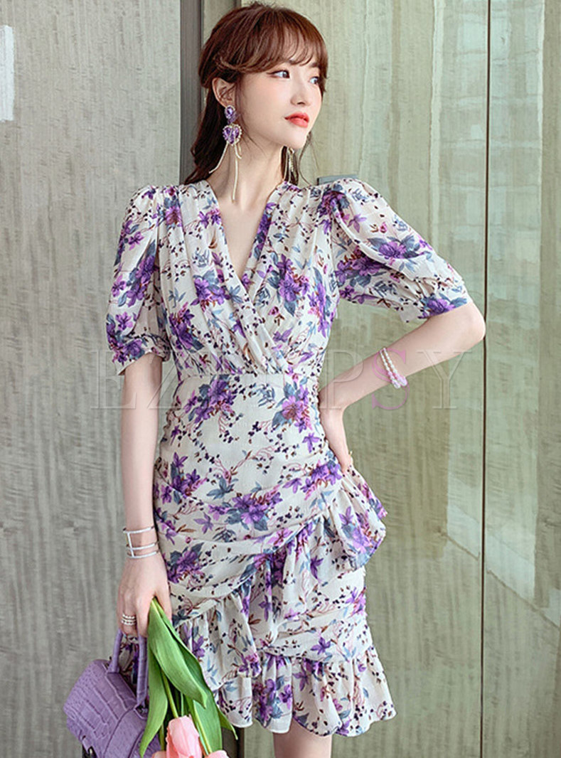 V-neck Chiffon Purple Floral Ruffle Bodycon Dress