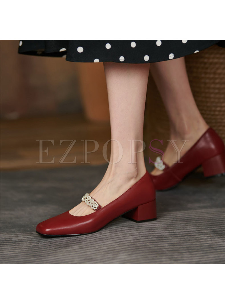 Low-fronted Pearl Embellished Block Heel Shoes