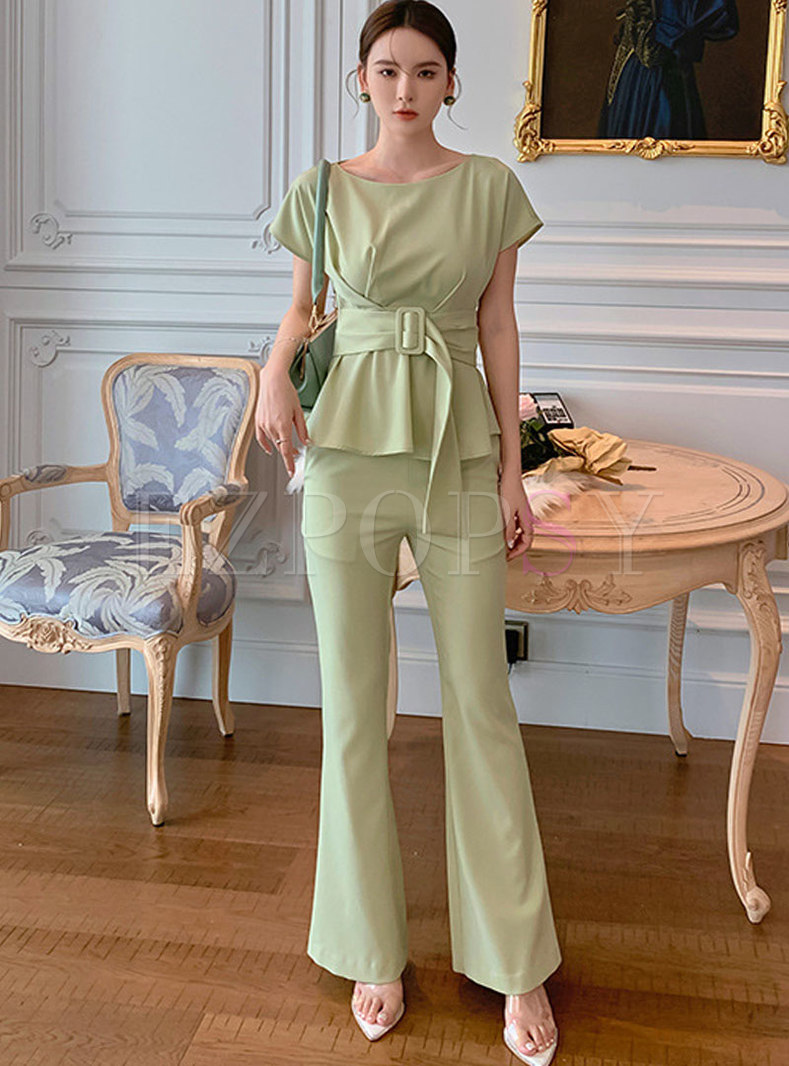 Crew Neck Short Sleeve Belted Flare Pant Suits