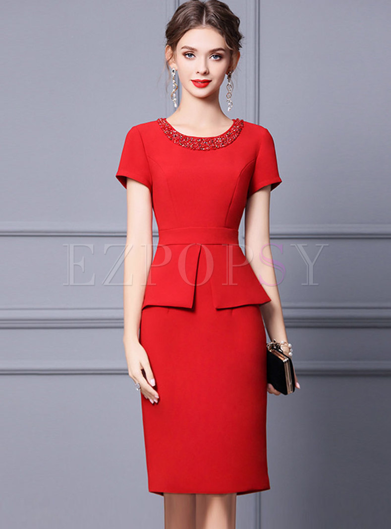 Red Crew Neck Beaded Bodycon Cocktail Dress