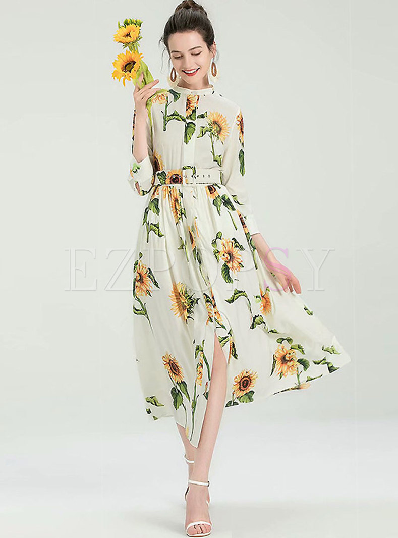 Boho Long Sleeve Print Belted Maxi Dress