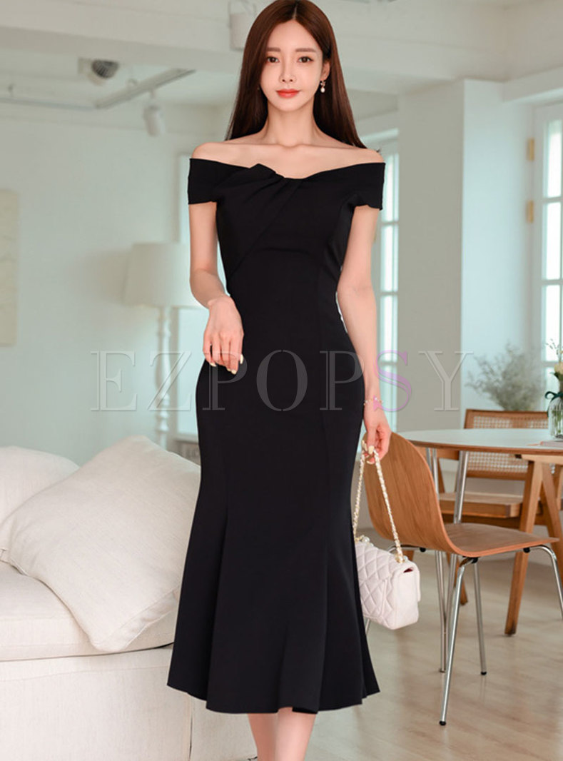 Black Off-the-shoulder Sheath Peplum Maxi Dress