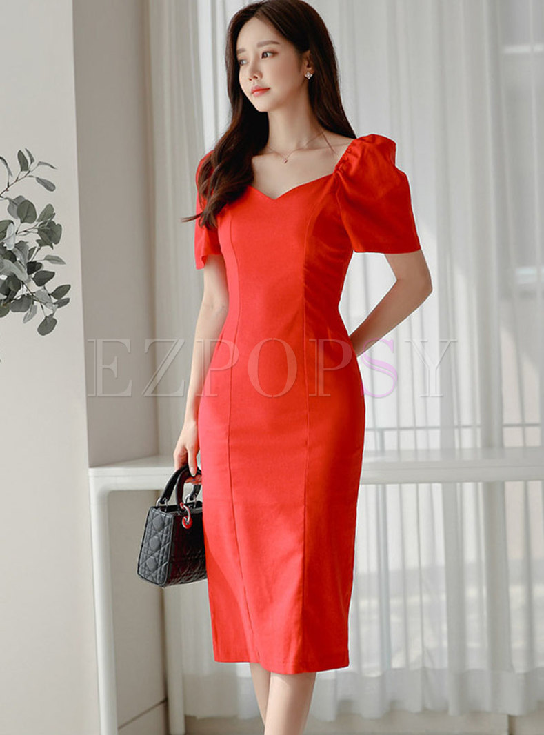 Red Square Neck Puff Sleeve Bodycon Dress
