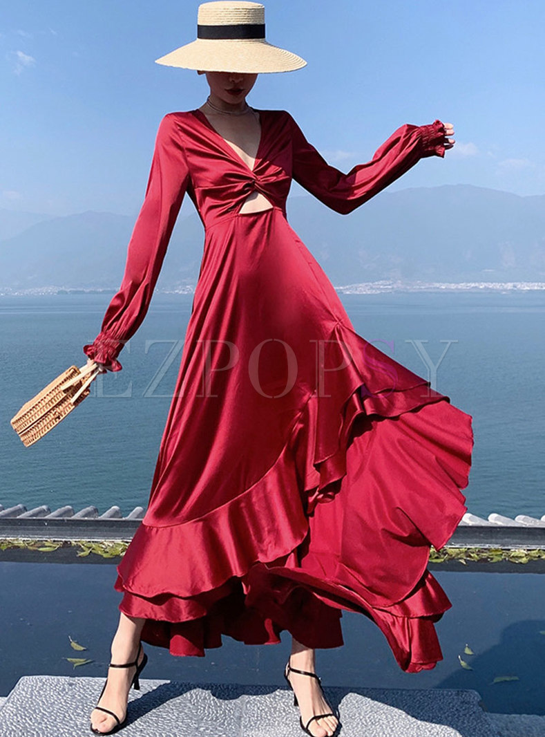 Wine Red Long Sleeve Backless Big Hem Maxi Dress