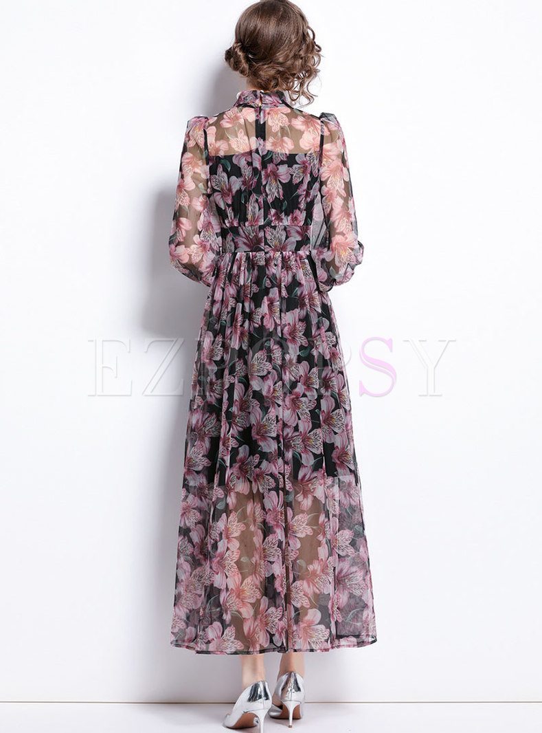 Dresses Maxi Dresses Mock Neck Bowknot Print Chiffon Maxi Dress 0299