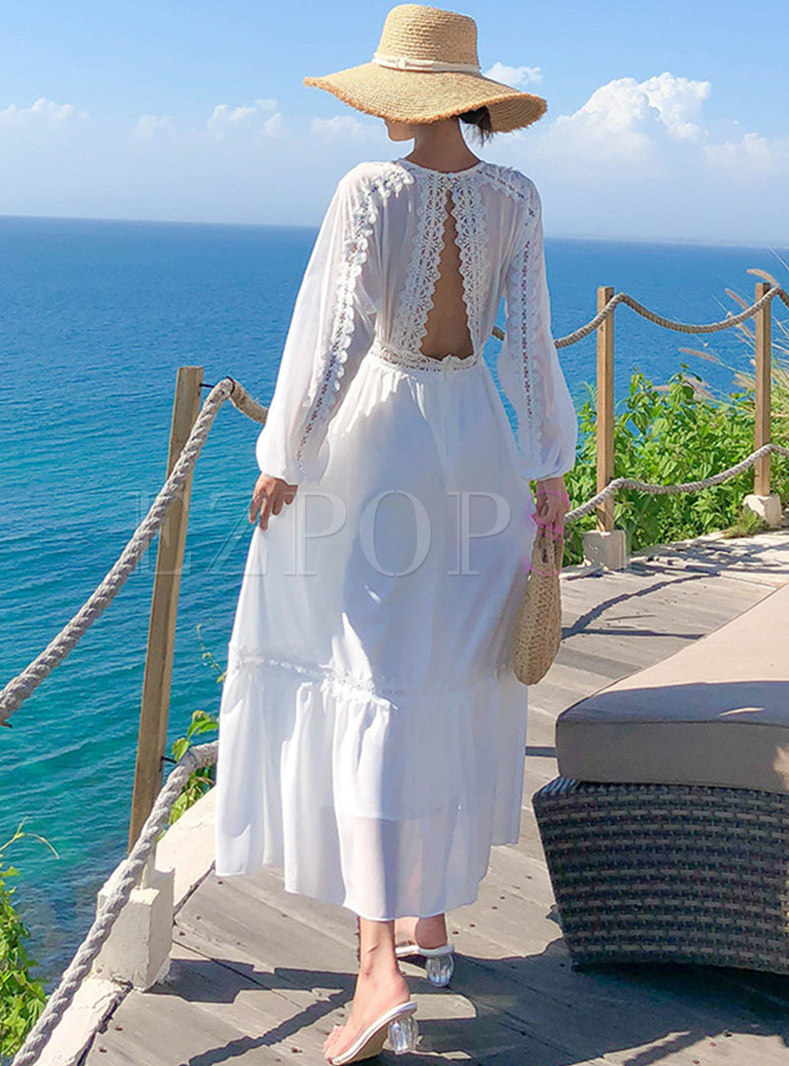 Dresses | Maxi Dresses | White V-neck Lantern Sleeve Openwork Maxi Dress