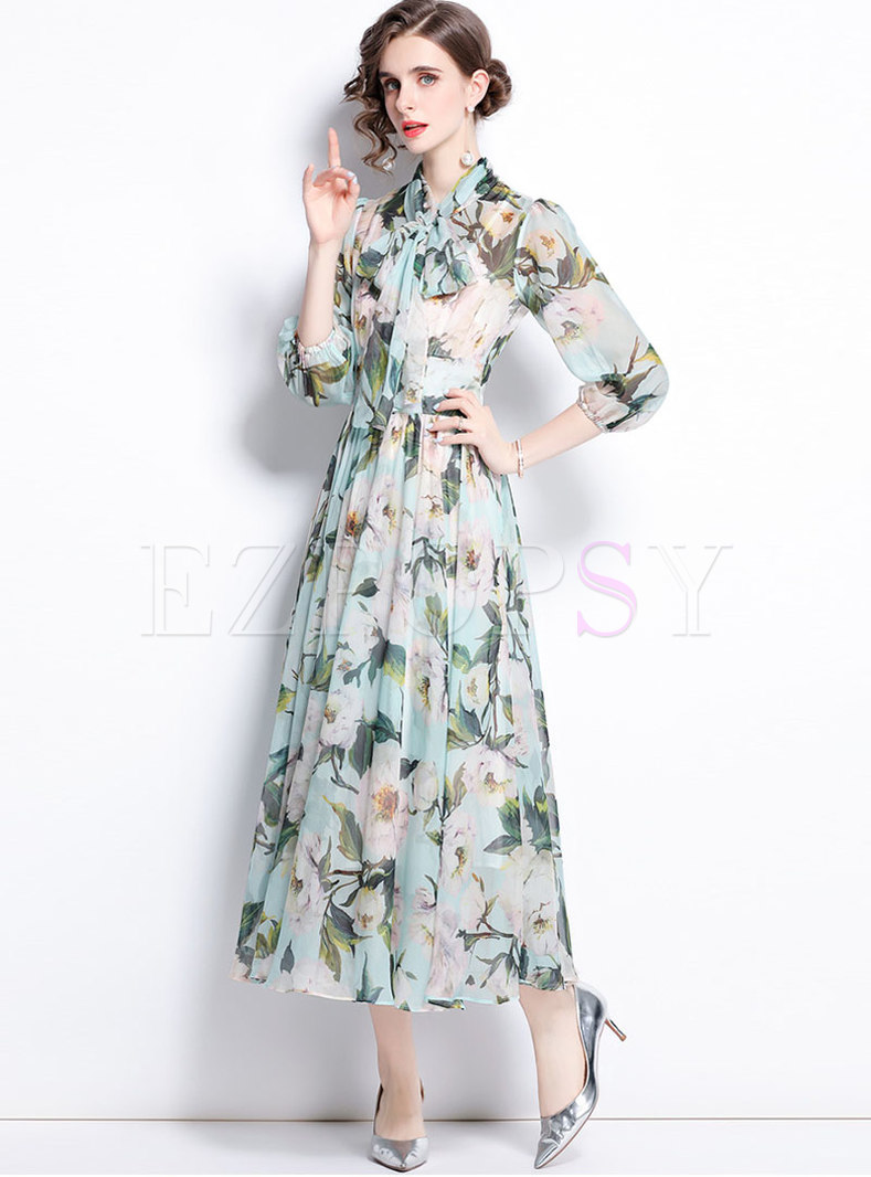 Dresses Maxi Dresses Bowknot Mock Neck Print Chiffon Big Hem Maxi Dress 1298