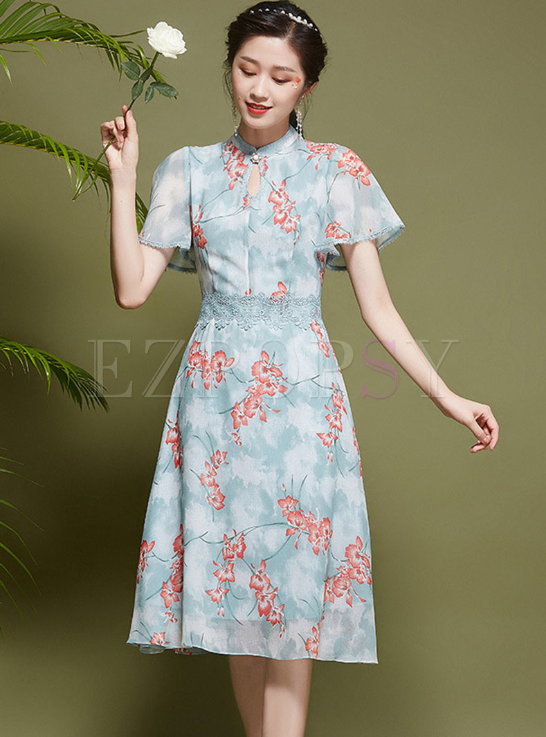 Mandarin Collar Print A Line Cheongsam Dress