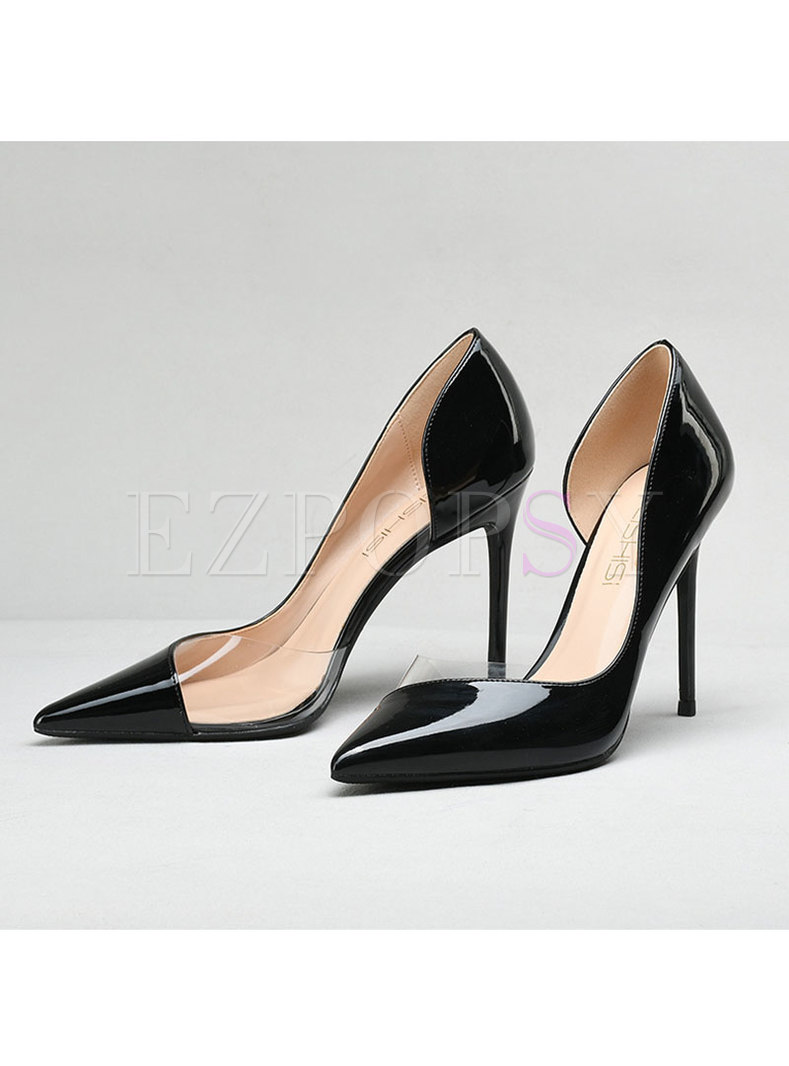 Pointed Toe Patent Leather Patchwork Heels