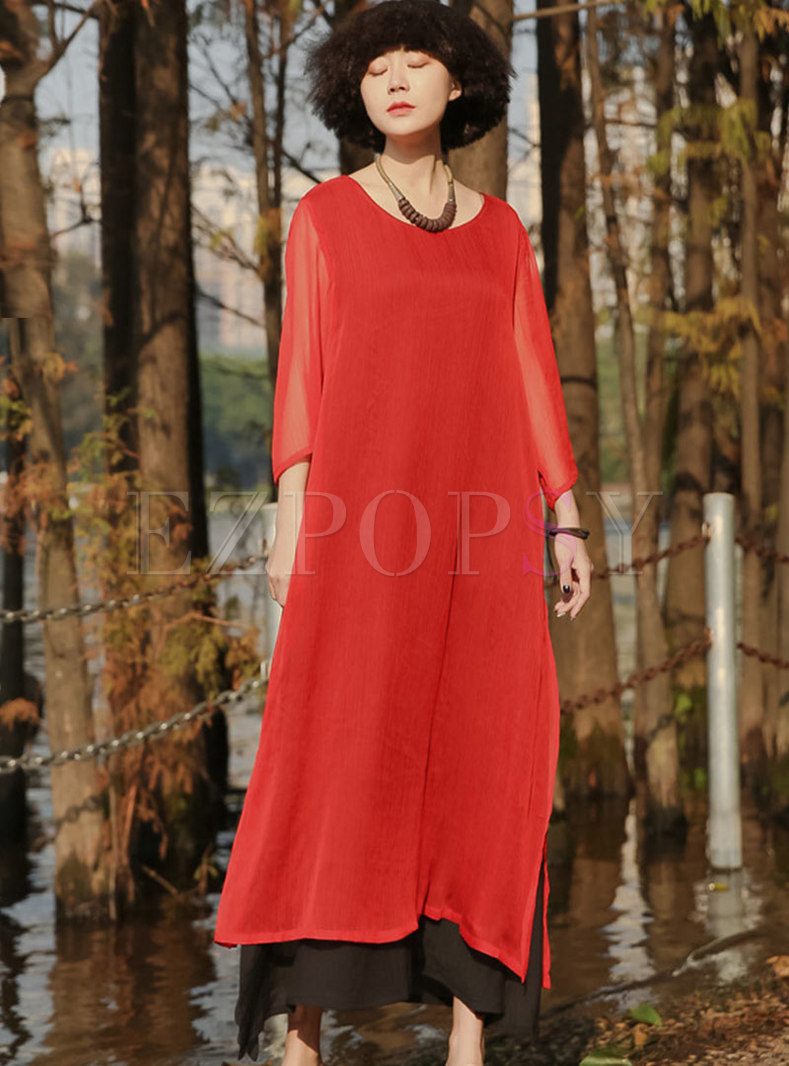 Red Plus Size Color-blocked Patchwork Shift Maxi Dress