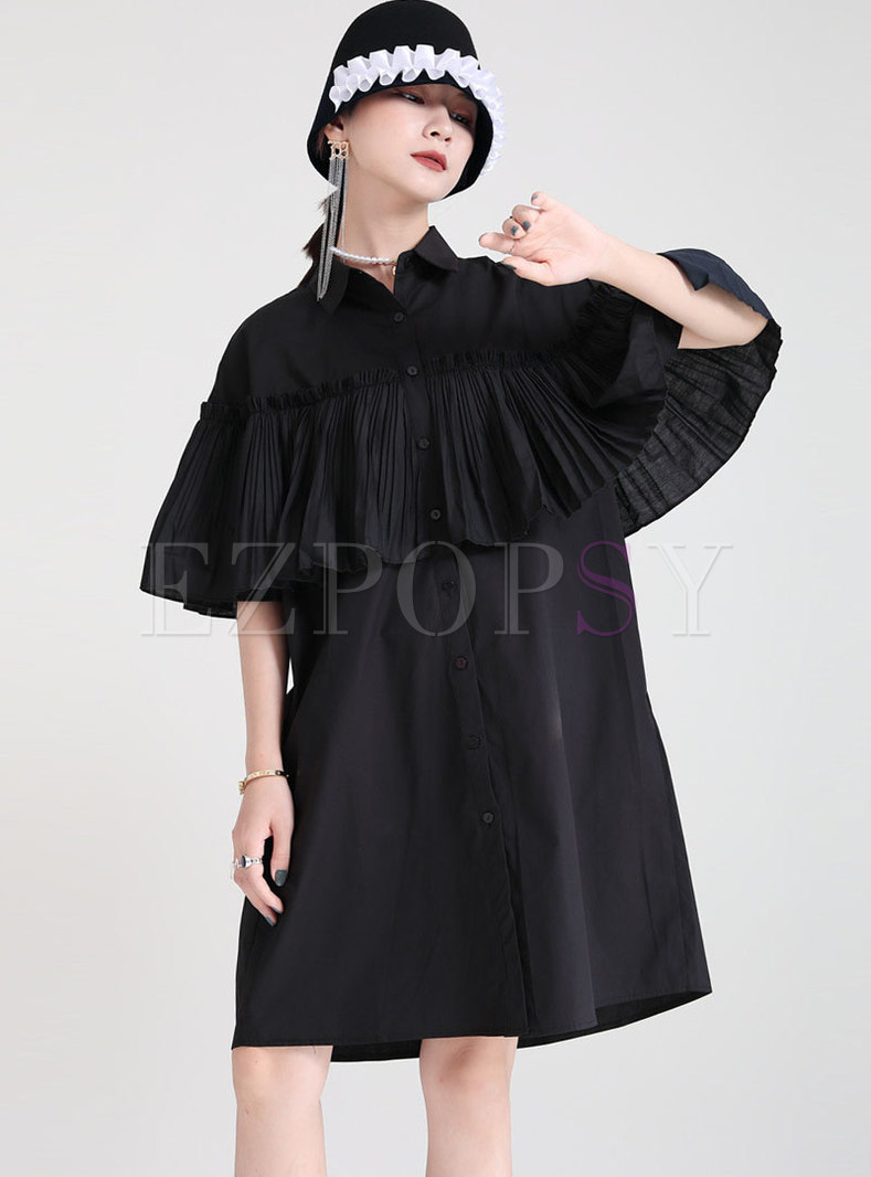 Plus Size Pleated Single-breasted Shirt Dress
