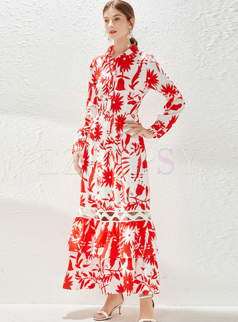 Boho Red Print A Line Openwork Maxi Dress