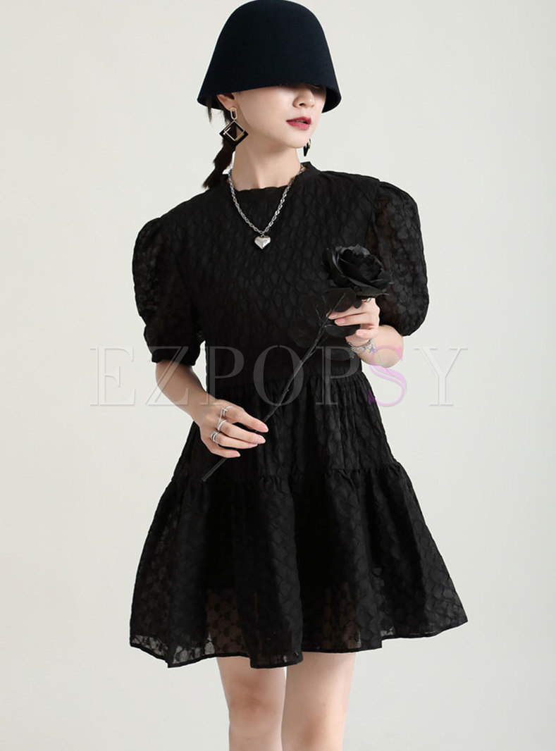 Black Puff Sleeve A Line T-shirt Dress