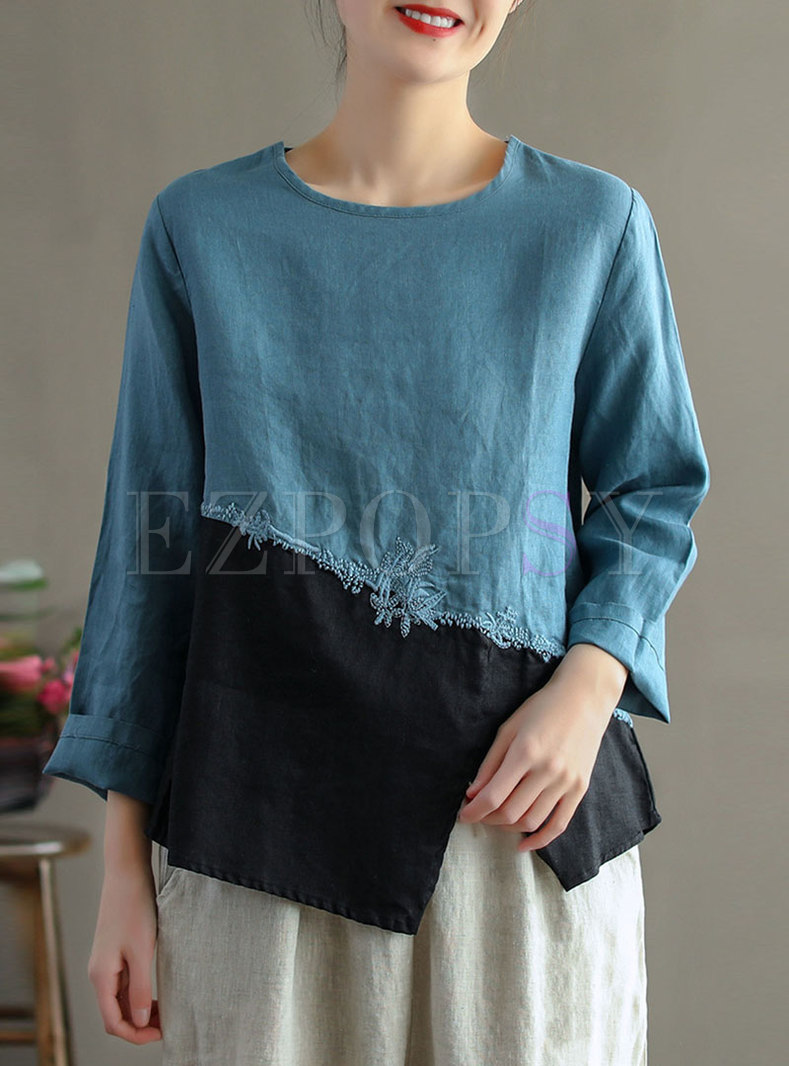 Color-blocked Patchwork Linen Pullover T-shirt
