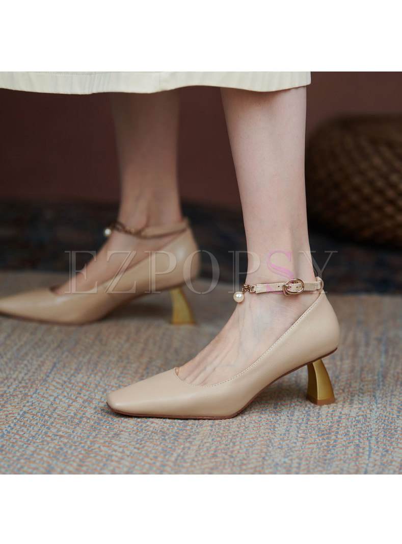 Pointed Toe Ankle Strap Low-fronted Heels