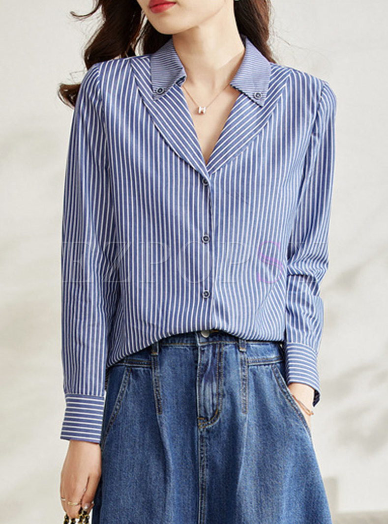 Notched Collar Striped Single-breasted Blouse