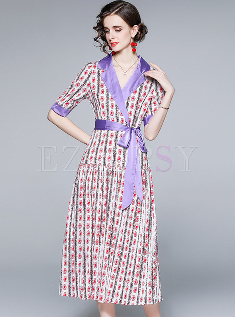 Notched Collar Printed Swing Midi Wrap Dress