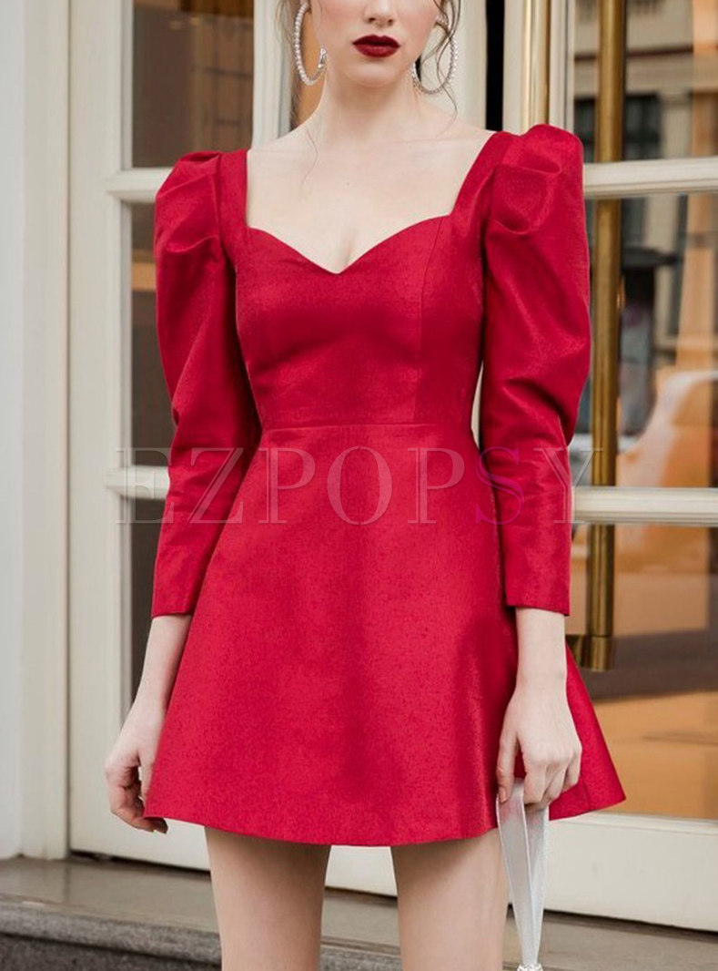 Red Puff Sleeve A Line Mini Cocktail Dress