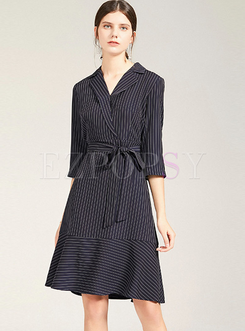 Deep Blue Lapel 3/4 Sleeve Striped A Line Dress
