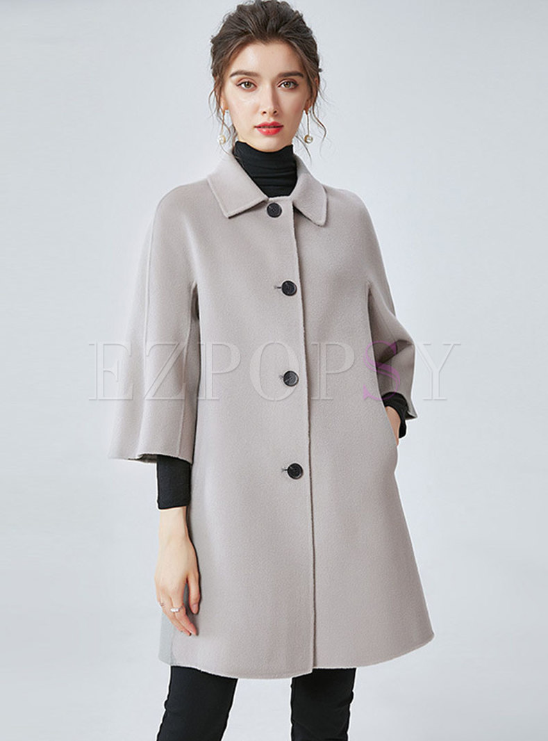 Lapel 3/4 Sleeve Single-breasted Straight Wool Overcoat
