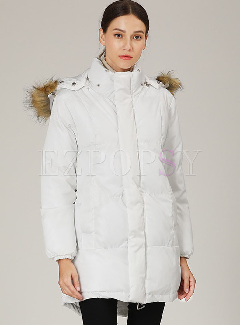 White Cotton Puffer Coat With Removable Hood