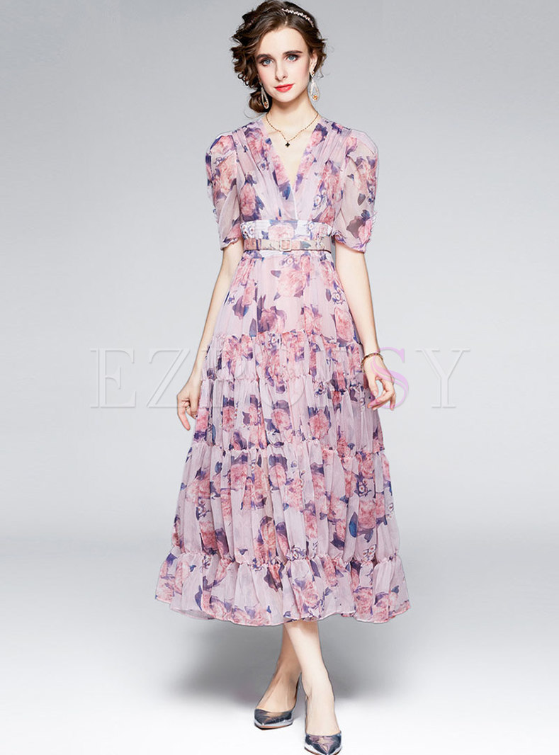 Boho Print Summer Long Dress With Puff Sleeve