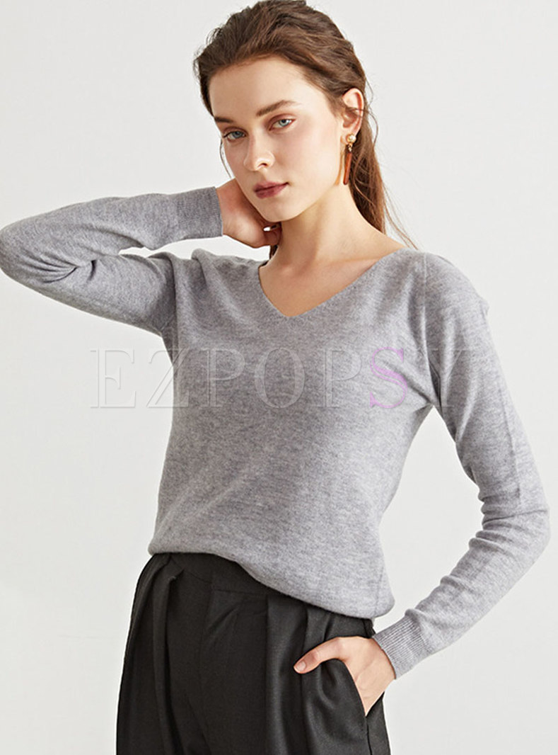 Grey V-neck Pullover Woolen Sweater