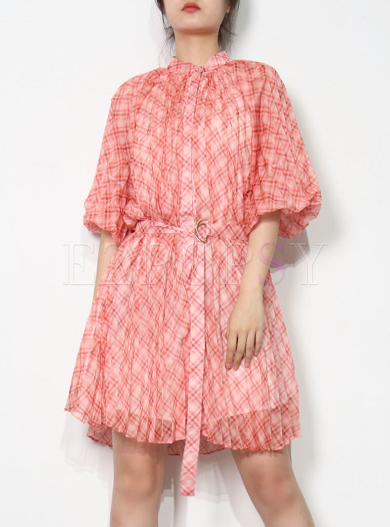 Summer Plaid Short Dress With Puff Sleeve